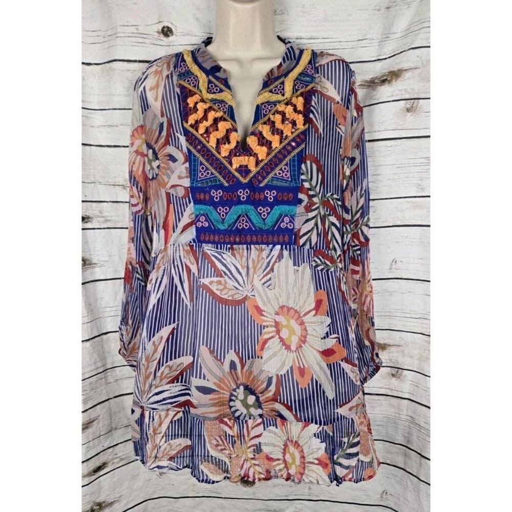 Soft Surroundings Multi Sheer Tunic Top XL Fringe Embellished Striped Floral
